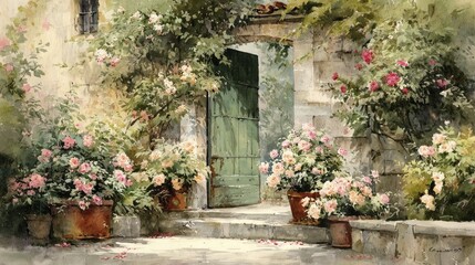 Naklejka premium A charming, light-filled garden courtyard scene, featuring a weathered stone archway, a verdant door, and abundant roses in terracotta pots.
