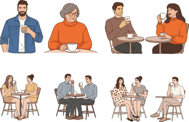 "People Enjoying Coffee Together - Diverse Individuals and Couples Sharing Warm Moments in Cozy Caf&eacute; or Relaxing Spaces."