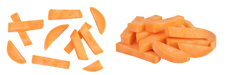 Sweet potato slices isolated on white background. Top view. Flat lay