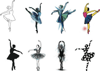 Elegant Ballet Dancer Silhouettes in Various Artistic Poses, Abstract, Geometric, and Fluid Movement Illustrations in Dance