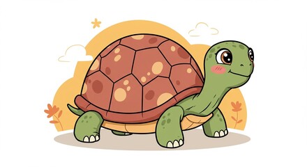 Adorable cartoon turtle happily strolling through a whimsical landscape, perfect for children's books, educational materials, and creative projects that need a touch of playful charm