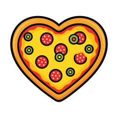 Fototapeta premium Pepperoni pizza in heart shape isolated on white background. Flat vector illustration of Italian cuisine.
