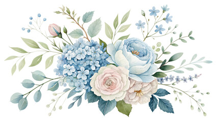 Vibrant watercolor floral bouquet with anemone, roses and lush greenery, hand-painted botanical composition ideal for wedding and springtime artwork