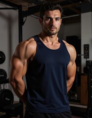 Muscular young hispanic male in gym setting wearing a navy blue tank top