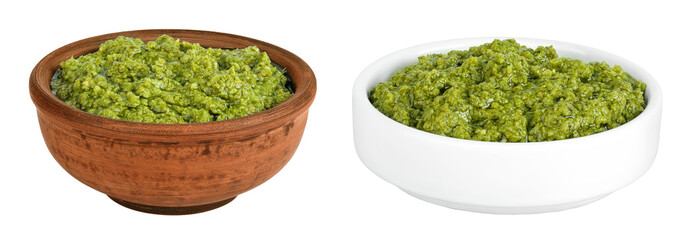 Pesto sauce in ceramic bowl isolated on white background