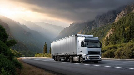 Obraz premium A truck on a highway, the scenic scene illuminated by gentle sunlight. Truck, highway, with copy space