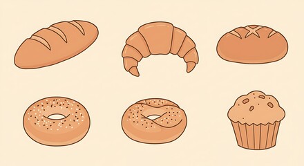 Illustration of various baked goods including bread loaf, croissant, round bread, bagels, and a muffin.