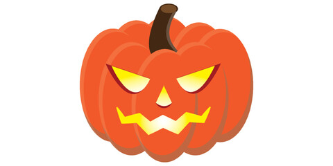 Halloween Spooky orange Jack-o-lantern with a carved angry face and glowing yellow eyes.