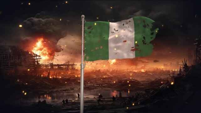  Nigeria flag waving in war is torn