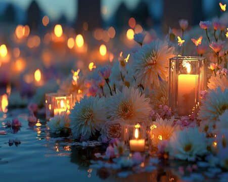 A cemetery covered with glowing candles and white chrysanthemum flowers, spiritual AI-generated image