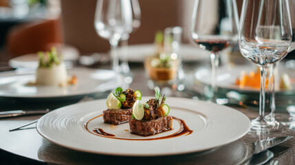 Fine dining table with gourmet plated dish, wine glasses and elegant culinary presentation in luxury restaurant setting