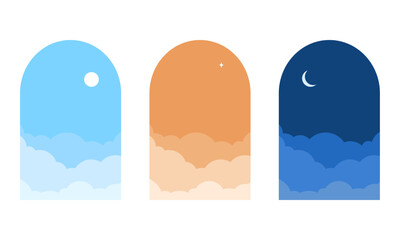 時間帯のシンボルのアイコンセット/昼・夕方・夜/シンプルでフラットな窓と空のイラスト
