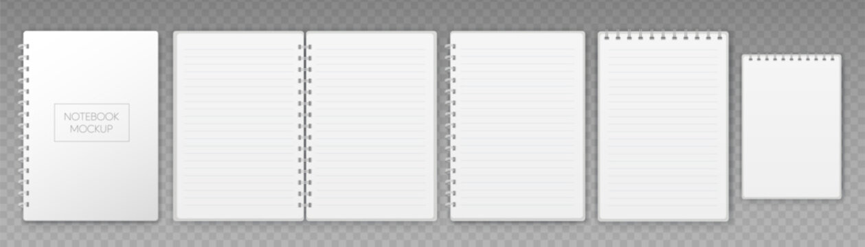 Open and closed white notepad with spiral. Notebook mockup. Vector EPS 10