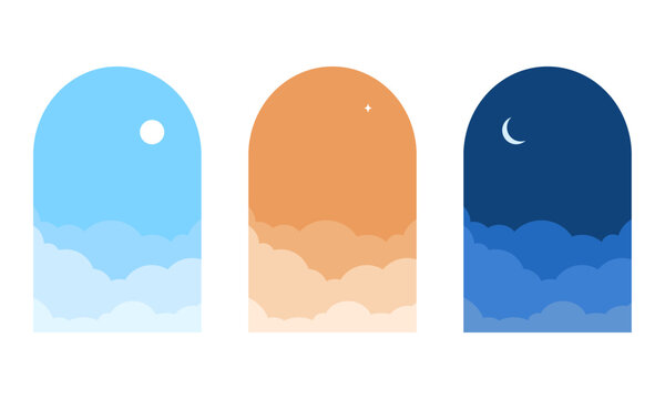 時間帯のシンボルのアイコンセット/昼・夕方・夜/シンプルでフラットな窓と空のイラスト