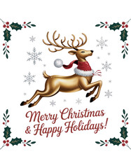 Golden reindeer jumping with snowflakes and text Christmas