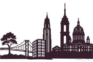 Fototapeta premium City skyline silhouette with bridge and buildings isolated on transparent background