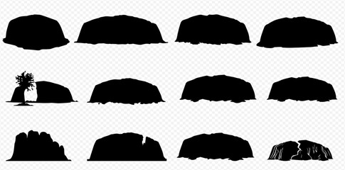 Twelve variations of rock silhouettes, showing different shapes and textures, including one with a small tree. © Adji