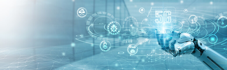 Hand of robotic holding 5G technology on global networking, ultra-fast connectivity, wireless...