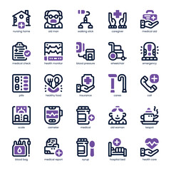 Elder Care Icon pack for your website, mobile, presentation, and logo design. Elder Care Icon dual tone design. Vector graphics illustration and editable stroke.