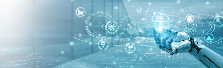 Hand of robotic holding backup on global networking, cloud storage solutions, data protection...