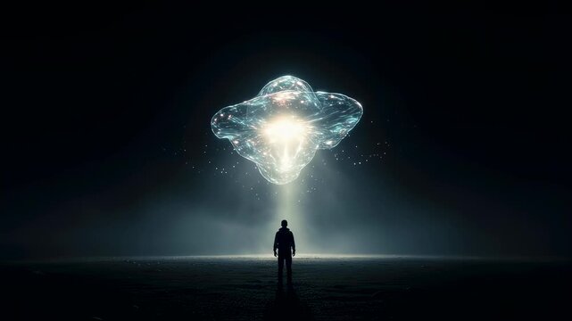 Man facing mysterious glowing object and light ray in a dark landscape at night. Encounter with unknown entity concept. Video footage.