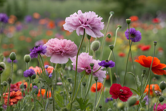 AI-generated image, Vibrant wildflower meadow with colorful poppies in full bloom. A beautiful and lush field of pink, purple, and red flowers for a natural spring background.