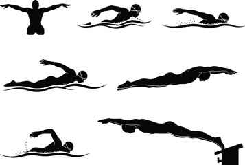 Silhouette Vector of Professional Swimmers Performing Different Swimming Techniques, Dive Start and Strokes in Competitive Swimming Action