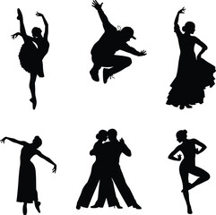 Silhouettes of Dancers in Various Poses, Ballet, Salsa, and Partner Dance Illustrations for Art, Performance, and Dance Projects