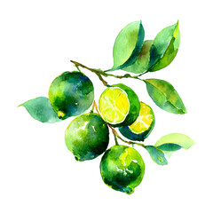 Watercolor Painting Featuring Fresh Limes on a Branch, Vibrant and Artistic