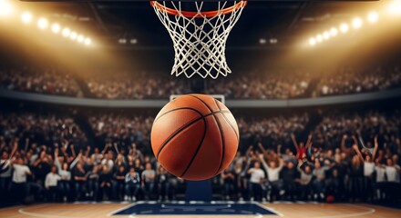 High resolution image of basketball flying toward net with detailed closeup of hoop, court lights and dynamic sports action scene