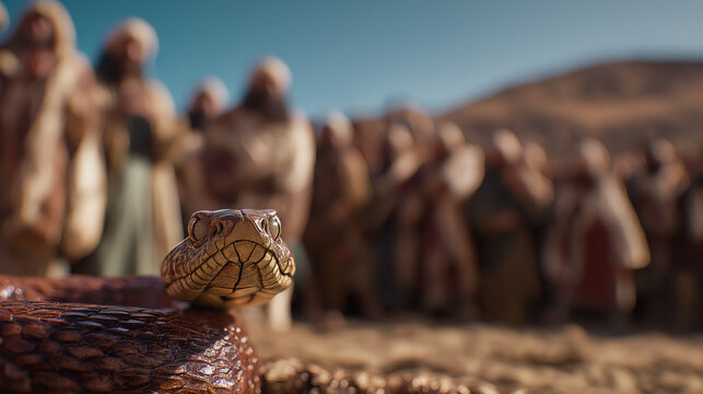 Moses stands in the desert, holding the bronze serpent high as it coils, a symbol of faith and salvation, with the arid landscape stretching under a bright sky.