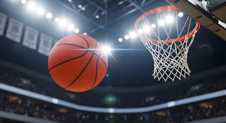 High resolution image of basketball flying toward net with detailed closeup of hoop, court lights and dynamic sports action scene