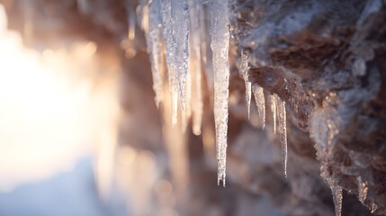 Close-up of icy stalactites on a frozen cliff under morning sunlight