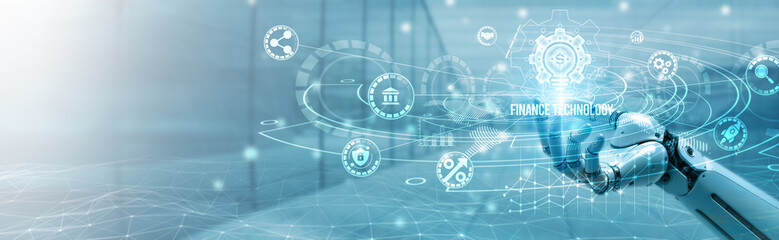 Hand of robotic holding finance technology on global networking, digital banking solutions, secure transactions, mobile payment systems, blockchain integration, real-time financial analytics.