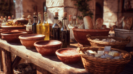 Rustic table with terracotta bowls, wicker baskets of bread and bottles of olive oil in warm sunlight creating a Mediterranean market atmosphere