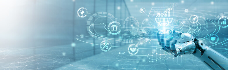 Hand of robotic holding investment on global networking, financial growth strategies, portfolio management, capital allocation, global market analysis, economic development opportunities.