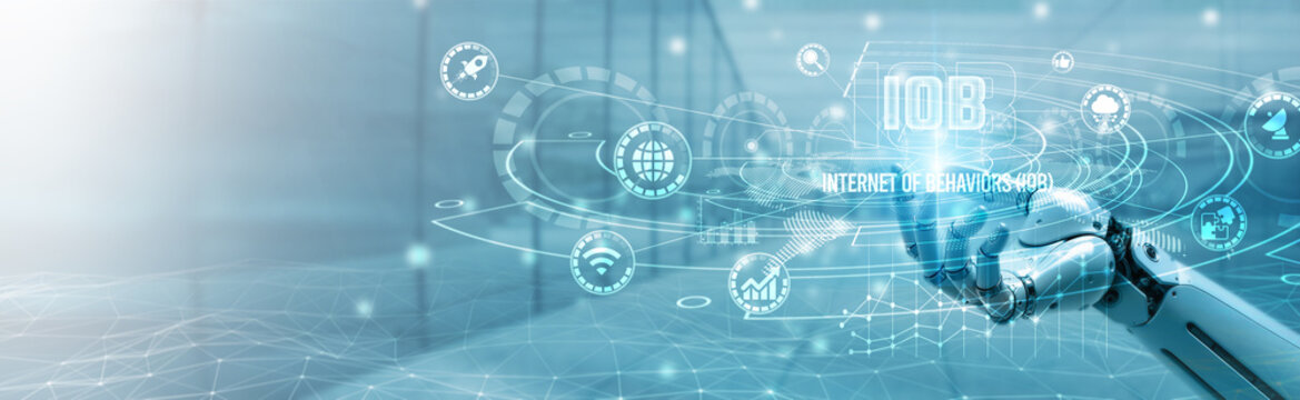 Hand of robotic holding internet of behaviors on global networking, user analytics, behavior-driven insights, predictive models, personalized marketing, data collection systems