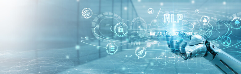 Hand of robotic holding NLP on global networking, natural language processing, speech recognition, text analytics, intelligent communication systems, language understanding technology.