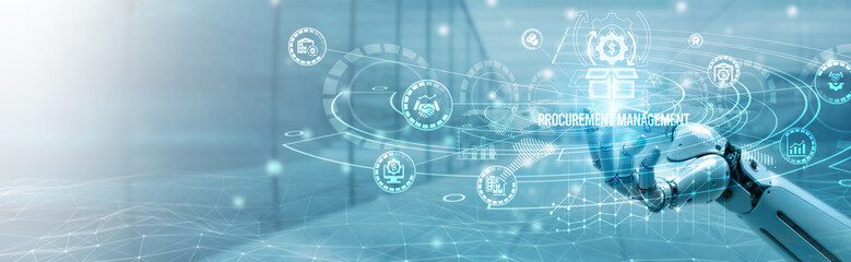 Hand of robotic holding procurement management on global networking, supply chain optimization,...