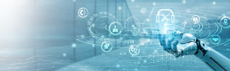Hand of robotic holding technical support on global networking, troubleshooting solutions, system maintenance, IT assistance, service desk operations, digital performance optimization.