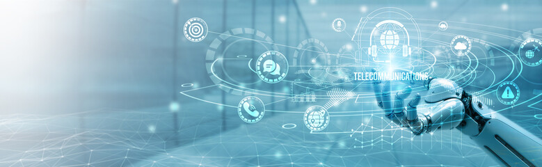 Hand of robotic holding telecommunications on global networking, wireless connectivity, high-speed data transfer, mobile infrastructure, 5G integration, global communication systems