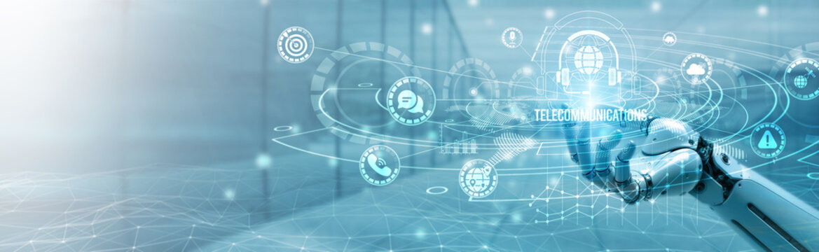 Hand of robotic holding telecommunications on global networking, wireless connectivity, high-speed data transfer, mobile infrastructure, 5G integration, global communication systems