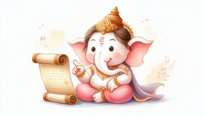 Celebratory illustration of ganesha with scroll digital art whimsical style bright colors childlike perspective