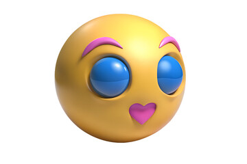 Fototapeta premium Photo of cute yellow emoji with big blue eyes and pink heart mouth, isolated on transparent background