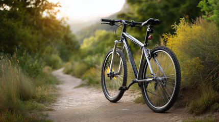 Fototapeta premium A bike on a trail, the scenic scene illuminated by soft light. Bike, trail, with copy space