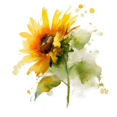 Vibrant Watercolor Sunflower Painting on Black Background: Botanical Art