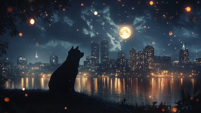 The nighttime cityscape enhanced by the presence of a dog where moonlight creates magical reflections on the water, perfectly highlighting the urban skyline that surrounds us in this peaceful ambiance
