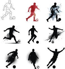 Soccer Player Silhouette Illustrations in Dynamic Action Poses, Kicking, Running, Dribbling, with Abstract and Geometric Art Styles