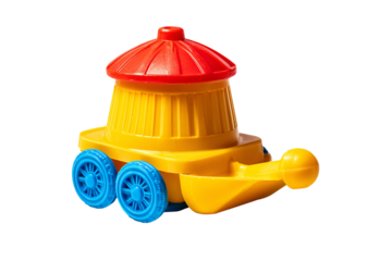 Colorful plastic toy train on black background