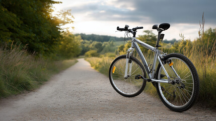 Obraz premium A bike on a trail, the scenic scene illuminated by soft light. Bike, trail, with copy space